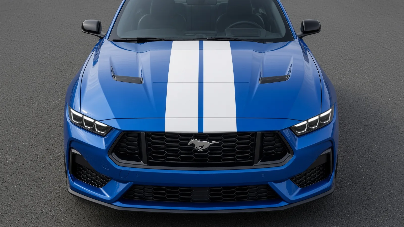 Blue Ford Mustang with white stripes, overhead view